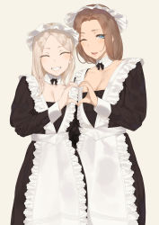 Rule 34 | 2girls, apron, arm behind back, black dress, black ribbon, blonde hair, blue eyes, breasts, brown hair, cleavage, closed eyes, commentary request, detached collar, dress, edea (throtem), facing viewer, frilled apron, frills, grey background, grin, hand up, heart, heart hands, heart hands duo, highres, kana (throtem), long hair, long sleeves, looking at viewer, maid, medium breasts, multiple girls, one eye closed, open mouth, original, paid reward available, ribbon, simple background, smile, standing, throtem