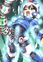 Rule 34 | 1girl, absorbing, aile (mega man zx), arm cannon, black bodysuit, bodysuit, bodysuit under clothes, breasts, brown hair, cropped jacket, energy drain, gloves, green eyes, helmet, highres, jacket, konomi uo, layered sleeves, long sleeves, medium breasts, mega man (series), mega man zx, model x (mega man), one eye closed, open mouth, short hair, short over long sleeves, short sleeves, skin tight, solo, spandex, weapon