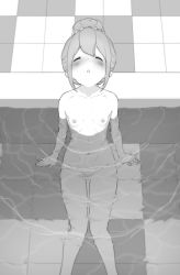 Rule 34 | 1girl, :o, bathing, breasts, collarbone, closed eyes, greyscale, hair ornament, hair scrunchie, highres, kozuka yasushi, monochrome, navel, nipples, nude, onsen, open mouth, partially submerged, scrunchie, shima rin, sitting, small breasts, solo, tile floor, tiles, water, yurucamp