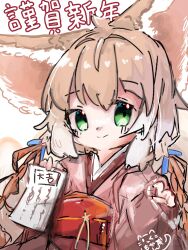 Rule 34 | 1girl, alternate costume, animal ears, arknights, blonde hair, closed mouth, commentary request, fox ears, fox girl, green eyes, highres, japanese clothes, kimono, looking at viewer, mokoo rokoo, obi, pink kimono, sash, solo, suzuran (arknights), translation request, upper body