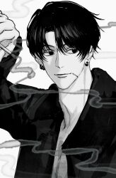 Rule 34 | 1boy, black coat, black hair, chainsaw man, cigarette, coat, ear piercing, earrings, greyscale, hand up, highres, hoop earrings, jewelry, kishibe (chainsaw man), kishibe (young) (chainsaw man), light smile, looking to the side, male focus, monochrome, open clothes, piercing, short hair, simple background, smile, smoke, solo, sso s, stitched face, stitches, upper body
