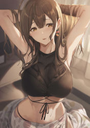 Rule 34 | 1girl, ahoge, armpits, arms behind head, arms up, bare shoulders, blurry, blurry background, blush, breasts, brown eyes, brown hair, highres, idolmaster, idolmaster shiny colors, indoors, kuwayama chiyuki, large breasts, long hair, looking at viewer, parted lips, revision, sarong, sola (solo0730), solo, wet, yellow eyes