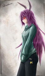 Rule 34 | 1girl, animal ears, bad id, bad pixiv id, rabbit ears, casual, cellphone, cellphone strap, contemporary, denim, english text, hands in pockets, jeans, kanchigai, long hair, pants, phone, profile, purple hair, red eyes, reisen udongein inaba, solo, sweater, touhou, very long hair