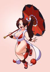 Rule 34 | 1girl, bare shoulders, breasts, brown eyes, brown hair, chibi, cleavage, collarbone, fatal fury, full body, high ponytail, holding, japanese clothes, large breasts, leg up, lips, long hair, looking at viewer, ninja, oil-paper umbrella, open mouth, parted bangs, pelvic curtain, phons0, pink background, ponytail, revealing clothes, rope, shiny skin, shiranui mai, simple background, sleeveless, smile, snk, the king of fighters, thighs, umbrella