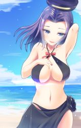 Rule 34 | 10s, 1girl, alternate costume, arm behind back, armpits, bad id, bad pixiv id, beach, bikini, bikini skirt, black bikini, blue eyes, breasts, breasts apart, collarbone, cowboy shot, day, halo, halterneck, hamalu, hand on own chest, head tilt, highres, kantai collection, large breasts, looking at viewer, mechanical halo, navel, ocean, outdoors, parted lips, purple hair, see-through, short hair, sky, solo, standing, swimsuit, tatsuta (kancolle)