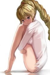 Rule 34 | 10s, 1girl, :3, barefoot, blonde hair, blue eyes, blush, breast press, breasts, clarus tonitrus, closed mouth, eyebrows, from side, full body, hugging own legs, long hair, medium breasts, nose blush, shadow, shirt, simple background, solo, soushin shoujo matoi, tomoki (omaenoie), white background, white shirt