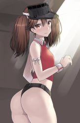 Rule 34 | 10s, 1girl, ass, belt, black panties, brown eyes, brown hair, commentary request, kantai collection, light rays, looking at viewer, looking back, nagase haruhito, panties, ryuujou (kancolle), solo, sunbeam, sunlight, twintails, underwear, visor cap, wrist cuffs