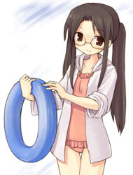 Rule 34 | 7010, brown eyes, brown hair, cardigan, flat chest, glasses, innertube, long hair, lowres, one-piece swimsuit, solo, swim ring, swimsuit, twintails