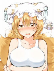 Rule 34 | 2girls, animal ears, animal hat, arms under breasts, bare shoulders, blonde hair, blush, breasts, collarbone, commentary request, embarrassed, flying sweatdrops, fox ears, fox tail, gap (touhou), hair between eyes, hat, highres, large breasts, looking away, looking to the side, mob cap, multiple girls, multiple tails, nanana (chicken union), nose blush, one-piece swimsuit, open mouth, short hair, simple background, solo focus, swimsuit, tail, tank top, tassel, touhou, upper body, white background, white headwear, white one-piece swimsuit, yakumo ran, yakumo yukari, yellow eyes