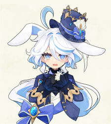 Rule 34 | 1girl, ahoge, animal ears, artist name, ascot, black gloves, blue eyes, blue hair, blue hat, blue jacket, blush, crying, crying with eyes open, furina (genshin impact), genshin impact, gloves, hair between eyes, hat, jacket, light blue hair, long hair, looking at viewer, mamepi, open mouth, rabbit ears, simple background, solo, teardrop, tears, top hat, white gloves