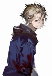 1boy adam&#039;s_apple blonde_hair blood blood_on_clothes blue_jacket bright_pupils dadijiji grin hair_between_eyes jacket kekkai_sensen long_sleeves looking_at_viewer male_focus red_eyes simple_background smile solo upper_body white_background white_pupils zap_renfro