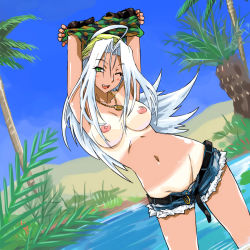 Rule 34 | 1girl, arms up, belt, bikini tan, breasts, camouflage, denim, denim shorts, green eyes, jewelry, long hair, michael f91, necklace, nipples, oasis, one eye closed, shorts, smile, solo, tan, tanline, topless, tree, undressing, water, white hair, wink