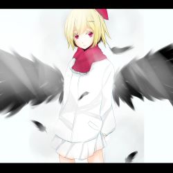 Rule 34 | 1girl, alternate costume, bad id, bad pixiv id, blonde hair, feathers, female focus, hair ornament, hairpin, highres, letterboxed, long sleeves, red eyes, red scarf, rumia, scarf, short hair, smile, solo, standing, sweater, touhou, tp65pxu4, white background, wings