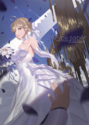 Rule 34 | 1girl, ahoge, alternate costume, artoria pendragon (all), artoria pendragon (fate), blonde hair, bouquet, breasts, bride, character name, choker, cleavage, commentary request, dress, elbow gloves, fate/grand order, fate/stay night, fate (series), flower, from below, gloves, green eyes, hair between eyes, hair ribbon, highres, holding, jewelry, medium breasts, official alternate costume, ounijang, petals, ribbon, ring, saber (fate), saber (royal dress) (fate), short hair, solo focus, standing, strapless, strapless dress, wedding band, wedding dress, white dress, white gloves