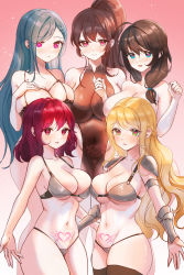 Rule 34 | 5girls, absurdres, ahoge, arm guards, armor, ash (cat7evy), bare arms, bare legs, bare shoulders, black dress, black hair, black thighhighs, blonde hair, blush, bottomless, braid, breasts, brown eyes, brown hair, cleavage, closed mouth, collarbone, commentary, covered navel, cowboy shot, curled fingers, dot nose, dress, gradient background, green eyes, green hair, grey panties, hair between eyes, hand on own chest, heart, heart-shaped pupils, heart tattoo, high ponytail, highres, large breasts, light frown, long hair, looking at viewer, medium breasts, medium hair, multiple girls, open mouth, original, outstretched hand, panties, parted bangs, pink eyes, red eyes, red hair, revealing clothes, shoulder armor, simple background, smile, standing, stomach, string panties, symbol-shaped pupils, tattoo, thighhighs, thighs, underwear, warrior