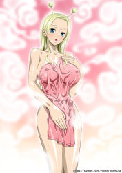Rule 34 | 1girl, antenna hair, blonde hair, breasts, conis (one piece), covered erect nipples, female focus, green eyes, highres, large breasts, naked towel, nel-zel formula, one piece, open mouth, solo, standing, steam, towel, wet