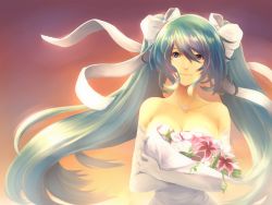 Rule 34 | 1girl, aerlai, aqua hair, bare shoulders, blue eyes, bouquet, bow, breasts, cleavage, crossed arms, dress, elbow gloves, flower, gloves, hair bow, hair ribbon, jewelry, large breasts, league of legends, long hair, necklace, ribbon, smile, solo, sona (league of legends), strapless, strapless dress, twintails, very long hair, wedding dress, white dress, white gloves