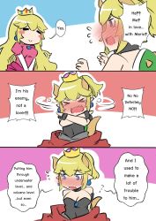 Rule 34 | 2girls, armlet, blue eyes, blush, bowsette, breasts, cleavage, collar, comic, crown, dress, earrings, english text, engrish text, full-face blush, jewelry, long hair, mario (series), multiple girls, new super mario bros. u deluxe, nintendo, princess peach, ranguage, sesield, super crown, tears
