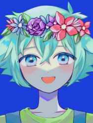 Rule 34 | 1boy, 6528so, basil (headspace) (omori), basil (omori), blue background, blue overalls, blush, close-up, collarbone, flower, green eyes, green hair, green shirt, head wreath, highres, looking at viewer, omori, open mouth, overalls, shirt, short hair, short sleeves, simple background, smile, solo, upper body