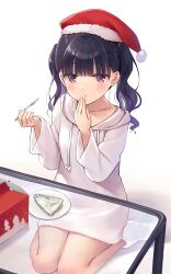 Rule 34 | 1girl, bare legs, black hair, blush, brown eyes, christmas, closed mouth, collarbone, commentary request, eating, fork, full body, glass table, hands up, hat, highres, holding, holding fork, hood, hood down, hoodie, long hair, long sleeves, looking at viewer, na-ga, original, pastry box, plate, red hat, santa hat, seiza, sitting, solo, table, thighs, twintails, white background, white footwear, white hoodie