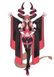 Rule 34 | 1girl, animal ears, belt, black footwear, black horns, black legwear, black sleeves, blunt bangs, breasts, breasts apart, copyright request, detached sleeves, extra arms, full body, hands on own hips, highres, horns, linea alba, long sleeves, looking at viewer, medium breasts, nail polish, navel, outstretched arms, parted lips, pink nails, red eyes, rkp, sharp teeth, signature, smile, solo, standing, tail, teeth, wide sleeves