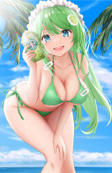 Rule 34 | 1girl, :d, bare arms, bikini, blue eyes, blue sky, blush, brand name imitation, breasts, cleavage, cloud, collarbone, commentary request, cup, curvy, day, disposable cup, eyelashes, feet out of frame, fingernails, fruit hat ornament, gibun (sozoshu), green hair, hair between eyes, halterneck, hand on own thigh, highres, holding, holding cup, large breasts, leaning forward, long hair, looking at viewer, open mouth, original, outdoors, palm leaf, round teeth, side-tie bikini bottom, sidelighting, sidelocks, skindentation, sky, smile, solo, standing, starbucks, straight hair, sunlight, swimsuit, teeth, thigh gap, thighs, upper teeth only, very long hair