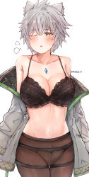 Rule 34 | 1girl, absurdres, animal ears, black bra, bra, breasts, cat ears, chest jewel, cleavage, core crystal (xenoblade), grey hair, highres, jacket, lace, lace-trimmed bra, lace trim, large breasts, meidza d, na&#039;el (xenoblade), off shoulder, one eye closed, panties, panties under pantyhose, pantyhose, short hair, solo, thighband pantyhose, underwear, xenoblade chronicles (series), xenoblade chronicles 3, xenoblade chronicles 3: future redeemed