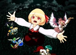 Rule 34 | 6+girls, :d, :t, antennae, bird wings, blonde hair, blue eyes, cape, cirno, daiyousei, dragging, dress, fangs, flandre scarlet, forest, frilled dress, frills, green eyes, green hair, hair ribbon, holding hands, komeiji koishi, microphone, multiple girls, music, mystia lorelei, nature, night, open mouth, outstretched arms, pine tree, red eyes, ribbon, rumia, shirt, singing, skirt, smile, spread arms, sugiura rippu, team 9 (touhou), touhou, tree, vest, wings, wriggle nightbug