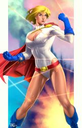 Rule 34 | 1girl, alien, blonde hair, blue eyes, blue gloves, breasts, bullet, cape, cleavage, dc comics, gloves, highres, legs, leotard, power girl, red cape, serious, short hair, solo, standing, thighs, white leotard