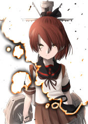 Rule 34 | 1girl, absurdres, adapted turret, black sailor collar, brown eyes, brown hair, brown skirt, cowboy shot, highres, kantai collection, looking at viewer, machinery, pleated skirt, ponytail, sailor collar, shikinami (kancolle), shikinami kai ni (kancolle), short hair, simple background, skirt, solo, tiger (tiger-kimu), torpedo launcher, transformation, white background