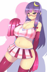 Rule 34 | 1girl, bare shoulders, bespectacled, breasts, cheerleader, cleavage, collarbone, crescent, crescent hair ornament, crop top, female focus, glasses, gloves, hair ornament, highres, large breasts, long hair, midriff, miniskirt, navel, patchouli knowledge, pink-framed eyewear, pink gloves, pink thighhighs, pom pom (cheerleading), purple eyes, purple hair, shirt, simple background, skirt, sleeveless, sleeveless shirt, solo, souma (ordures), thighhighs, touhou, very long hair, zettai ryouiki