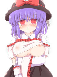 Rule 34 | 1girl, arm grab, blue hair, blush, bow, bowtie, breast hold, breasts, clothes lift, covered erect nipples, d:, empty eyes, female focus, frown, hat, hat bow, huge breasts, lactation, lactation through clothes, large breasts, looking at viewer, milk, nagae iku, nipples, no bra, nose blush, open mouth, purple hair, red eyes, ribbon, ry (yagoyago), see-through, shawl, shirt, shirt lift, short hair, simple background, skirt, solo, tearing up, tears, touhou, upper body, white background
