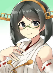 Rule 34 | &gt;:), 10s, 1girl, bare shoulders, black hair, blue eyes, blush, breasts, close-up, closed mouth, commentary request, detached sleeves, eyebrows, eyelashes, glasses, gradient background, green-framed eyewear, hand on own chest, headgear, highres, japanese clothes, kamelie, kantai collection, kimono, kirishima (kancolle), kirishima kai ni (kancolle), long sleeves, looking at viewer, medium breasts, nontraditional miko, one-hour drawing challenge, parted bangs, red ribbon, ribbon, ribbon-trimmed sleeves, ribbon trim, semi-rimless eyewear, short hair, sleeveless, sleeveless kimono, smile, solo, under-rim eyewear, upper body, v-shaped eyebrows, white kimono