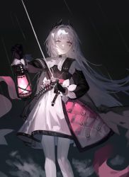 Rule 34 | 1girl, absurdres, arknights, belt, black gloves, black jacket, capelet, earrings, feet out of frame, fire, gloves, grey eyes, grey hair, head wings, high-waist skirt, highres, holding, holding lantern, holding sword, holding weapon, irene (arknights), jacket, jewelry, lantern, layered skirt, long hair, long sleeves, night, outdoors, pantyhose, parted lips, pink fire, pink skirt, rain, rapier, scar, scar across eye, scar on face, shishiwan, skirt, solo, standing, sword, very long hair, weapon, white capelet, white skirt, wings