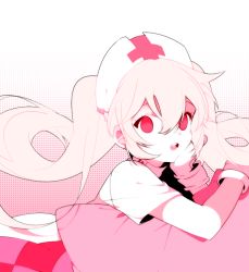 Rule 34 | 1girl, 2rott (peha), :o, gradient background, hat, long hair, looking at viewer, monochrome, nurse, nurse cap, open mouth, original, pillow, pink hair, pink theme, red eyes, simple background, solo, twintails, wrist cuffs