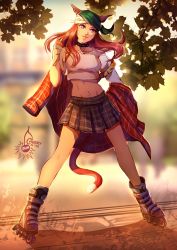 Rule 34 | 1girl, animal ears, backpack, bag, blurry, blurry background, cat ears, cat tail, cherry in the sun, collar, final fantasy, final fantasy xiv, full body, head scarf, midriff, miqo&#039;te, navel, orange hair, outdoors, parted lips, purple eyes, skirt, solo, standing, tail, v&#039;kebbe