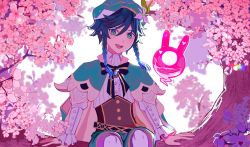 Rule 34 | 1boy, absurdres, black hair, blue hair, blush, bow, braid, branch, cape, caz, cherry blossoms, flower, frilled sleeves, frills, genshin impact, gradient hair, green eyes, green hat, hair flower, hair ornament, hat, heart, highres, leaf, long sleeves, looking at viewer, male focus, multicolored hair, open mouth, petals, ribbon, seelie (genshin impact), simple background, sitting, smile, solo, sparkle, tree, twin braids, venti (genshin impact), white flower
