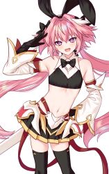 Rule 34 | 1boy, absurdres, astolfo (fate), astolfo (saber) (fate), black bow, black bowtie, black gloves, black ribbon, black thighhighs, bow, bowtie, fang, fate/grand order, fate (series), gloves, hair intakes, highres, looking at viewer, low twintails, male focus, multicolored hair, navel, neon (kyjin), pink hair, ribbon, skin tight, smile, streaked hair, thighhighs, trap, twintails, wing collar