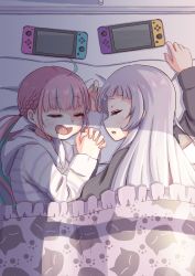 Rule 34 | 2girls, drooling, closed eyes, highres, holding hands, hololive, interlocked fingers, kiwami133, minato aqua, mouth drool, multiple girls, murasaki shion, nintendo switch, on bed, open mouth, sleeping, virtual youtuber