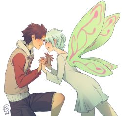 Rule 34 | 1boy, 1girl, aqua hair, artist name, blue eyes, blush, brown hair, butterfly wings, closed eyes, commentary request, commission, dress, eureka (eureka seven), eureka seven, eureka seven (series), face-to-face, insect wings, interlocked fingers, raglan sleeves, renton thurston, short hair, shorts, smile, ticcy, transparent background, wings