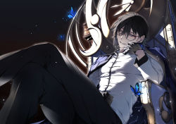 Rule 34 | 1boy, animal, black gloves, black hair, blue butterfly, blue eyes, blue jacket, bug, butterfly, chinese clothes, clock, constellation, earrings, glasses, glint, gloves, hair between eyes, highres, bug, jacket, jacket on shoulders, jewelry, lantern, crossed legs, male focus, original, parted lips, shunnyun, single earring, sitting, smile, solo, throne