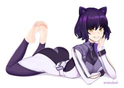 Rule 34 | 1girl, absurdres, animal ears, ass, bad id, bad twitter id, barefoot, belt, black hair, black pants, blake belladonna, bodysuit, breasts, cat ears, coattails, feet, full body, highres, jacket, looking at viewer, lying, medium breasts, on stomach, pants, parted lips, rezodwel, rwby, self-upload, short hair, simple background, soles, solo, swimsuit, the pose, toes, white background, yellow eyes, zipper