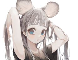 Rule 34 | 1girl, :o, absurdres, animal ears, bad id, bad pixiv id, black shirt, close-up, grey hair, hands in hair, highres, looking to the side, mile (mil2), mouse ears, mouse girl, open mouth, original, shirt, solo, white background
