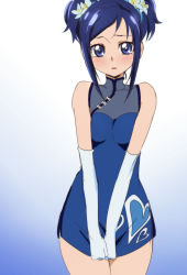Rule 34 | 1girl, alternate costume, bare shoulders, blue eyes, blue hair, china dress, chinese clothes, dokidoki! precure, dress, elbow gloves, gloves, hishikawa rikka, looking at viewer, matching hair/eyes, oimanji, precure, short hair, solo, twintails, white gloves, wide hips