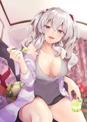Rule 34 | 1girl, alternate costume, black skirt, breasts, collarbone, curtains, dessert, food, grey eyes, hair between eyes, highres, holding, holding spoon, indoors, kantai collection, kashima (kancolle), large breasts, long hair, long sleeves, looking at viewer, miniskirt, narushima kanna, open mouth, sidelocks, signature, silver hair, skirt, smile, solo, spoon, twintails, wavy hair