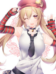 Rule 34 | 1girl, absurdres, arm warmers, armpits, black necktie, blonde hair, breasts, brown eyes, character request, choker, copyright request, hair between eyes, hand on headwear, highres, lock, long hair, medium breasts, necktie, padlock, smile, solo, twintails, waving, white background, yellow eyes, yutazou