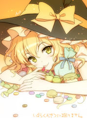 Rule 34 | 1girl, an2a, blonde hair, blush, candy, female focus, food, hat, kirisame marisa, looking at viewer, macaron, nail polish, smile, solo, tongue, tongue out, touhou, witch hat, yellow eyes
