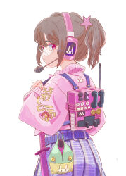 Rule 34 | 1girl, absurdres, backpack, bag, brown hair, glasses, hair ornament, hands up, headset, highres, ila (nnnnnnnn8), knife, long sleeves, looking at viewer, medium hair, pink sweater, pouch, purple skirt, red eyes, sheath, sheathed, simple background, skirt, solo, standing, star (symbol), star hair ornament, sweater, white background