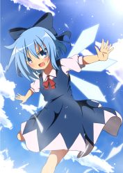 Rule 34 | 1girl, blue dress, blue eyes, blue hair, blue sky, blush, bow, cirno, cloud, day, do (4-rt), dress, hair bow, highres, ice, ice wings, looking at viewer, matching hair/eyes, open mouth, outstretched arms, puffy sleeves, short sleeves, sky, smile, solo, touhou, wings