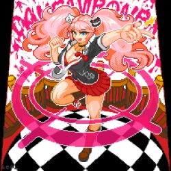 Rule 34 | 1girl, artist name, bear hair ornament, black choker, black shirt, blonde hair, blue eyes, boots, bow, bra, breasts, checkered floor, choker, cleavage, collarbone, copyright name, cross-laced footwear, danganronpa: trigger happy havoc, danganronpa (series), enoshima junko, from above, full body, hair ornament, highres, kefu (ngrk5333), lace-up boots, large breasts, leg up, long hair, looking at viewer, nail polish, necktie, outstretched arm, pink hair, pixel art, pleated skirt, red bow, red bra, red nails, red skirt, shirt, sidelocks, skirt, smile, solo, standing, standing on one leg, swept bangs, twintails, underwear, very long hair